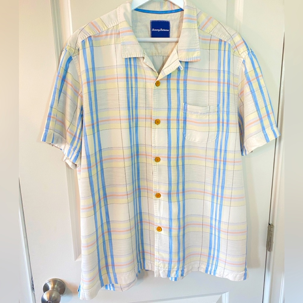Tommy Bahama Silk Blend Mens Pastel Plaid Button Down Short Sleeve Shirt size XL